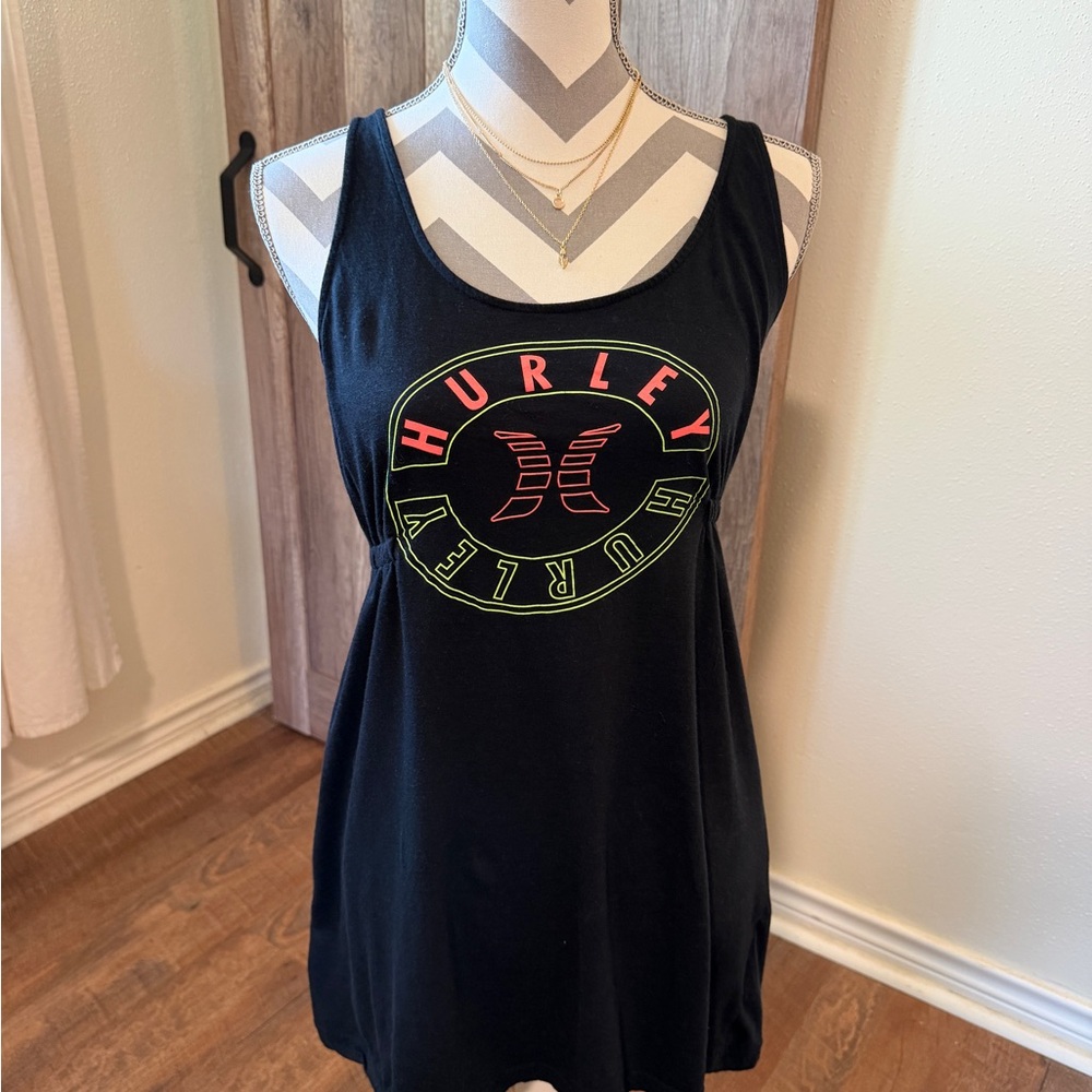 Hurley Black Racerback Tank Dress Neon Logo Beach Cover Up Y2K Large surf dress
